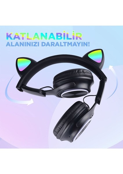 M6 Pro Cat Rgb LED Işıklı Kedi Kulağı Band Tasarımlı Ayarlanabilir ve Katlanabilir Kulak Üstü Bluetooth Kulaklık, M