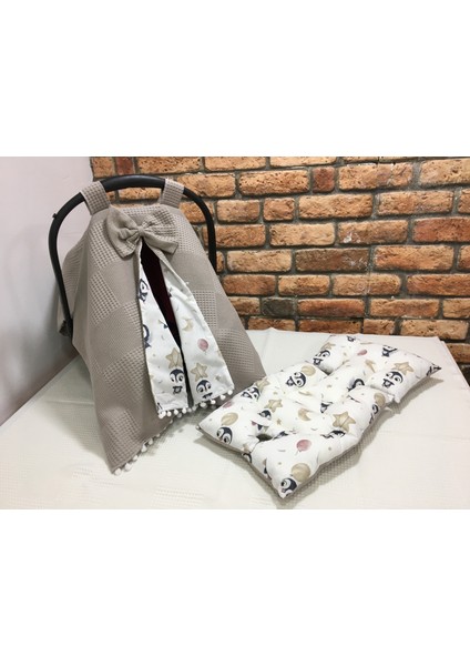 Kahverengi Pikeli ve Poplin Kumaş, Ponponlu Puset Örtüsü ve Puset Minderi 2'li Set fiyatları