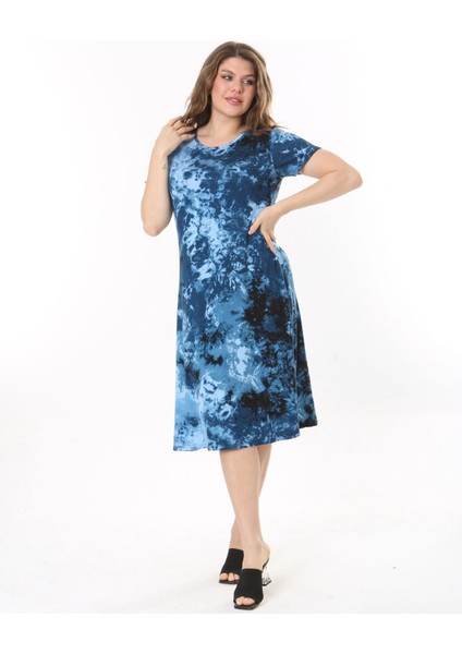 Kadın Büyük Beden Midi Boy Bisiklet Yaka Desenli Kısa Kol Elbise 24133 fiyatları