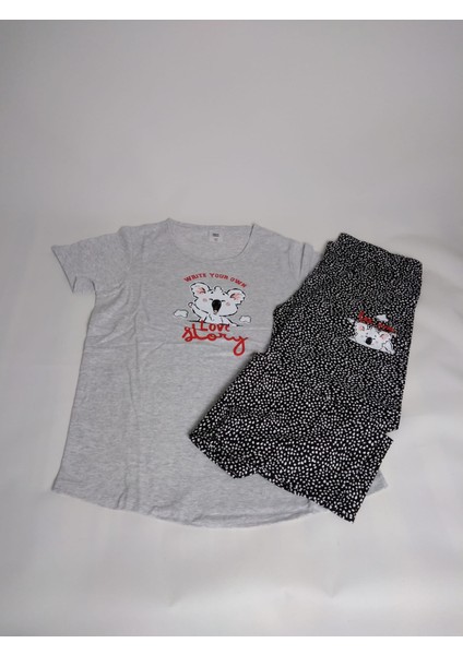 Kadın Gri Siyah Kısa Kollu Desenli Bisiklet Yaka Oval Etek Süprem Pijama Takımı