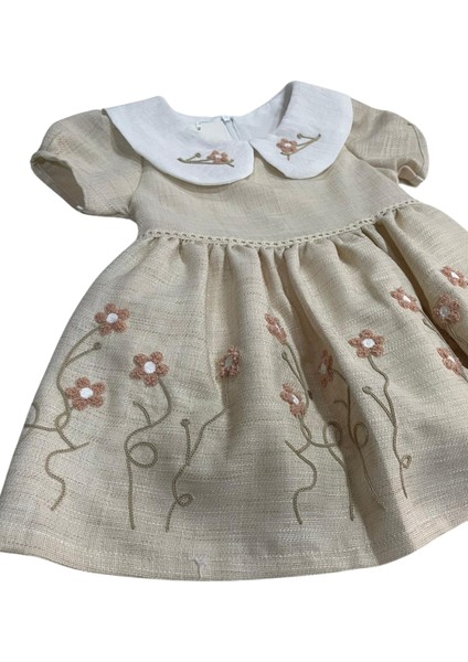 Kız Çocuk Şapkalı Çiçek Işlemeli Keten Elbise