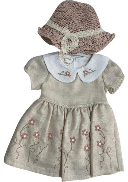 Kız Çocuk Şapkalı Çiçek Işlemeli Keten Elbise fiyatları