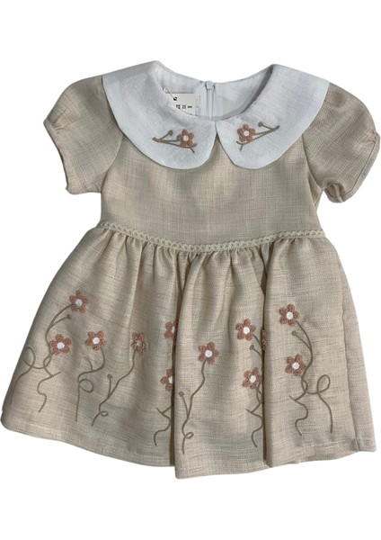 Kız Çocuk Şapkalı Çiçek Işlemeli Keten Elbise modelleri