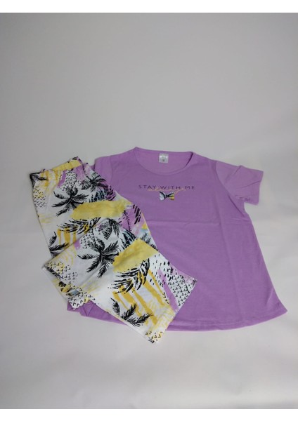 Kadın Mor Kısa Kollu Kelebek Desenli Bisiklet Yaka Oval Etek Süprem Pijama Takımı