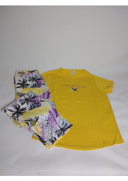 Kadın Sarı Kısa Kollu Kelebek Desenli Bisiklet Yaka Oval Etek Süprem Pijama Takımı