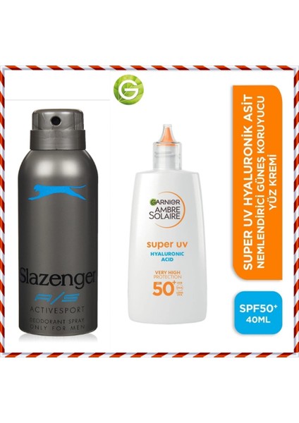 Ambre Solaire Hyaluronik Asit Kuruluk Karşıtı Günlük Güneş Koruyucu Yüz Kremi SPF50 40ML + Slazenger Activesport Mavi Deodorant Spray (150 Ml)