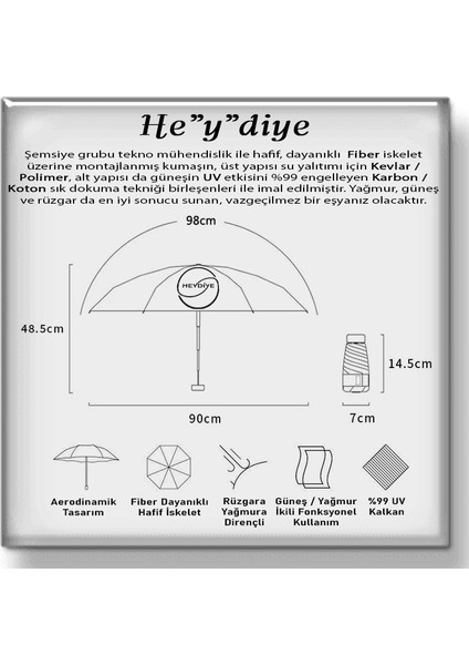 He”y”diye Spf 99+ Birûnî (Yağmur / Güneş) Özel Çantalı Şemsiye