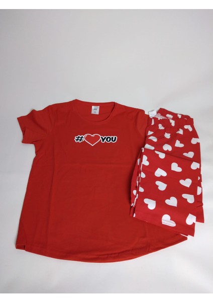 Kadın Kırmızı Kısa Kollu Kalp Desenli Bisiklet Yaka Oval Etek Süprem Pijama Takımı