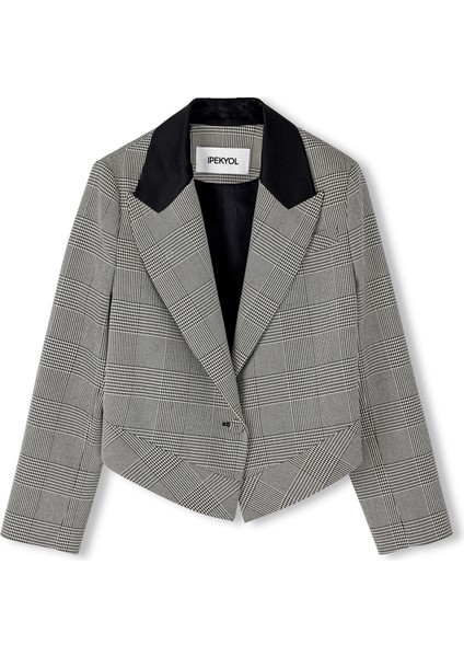 Ekose Desen Saten Garnili Blazer