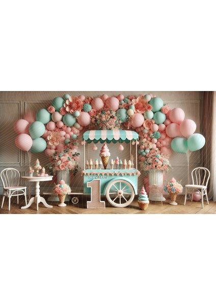 Pastel Renkli Dondurma Standı ve Balonlarla Süslenmiş Parti Temalı Stüdyo Arka Planı 200 x 150 cm