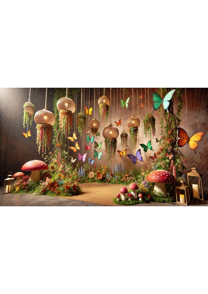 Renkli Kelebekler ve Mantarlarla Süslenmiş Peri Masalı Bahçe Temalı Stüdyo Arka Planı 200 x 150 cm