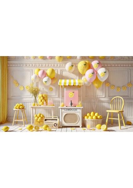 Pastel ve Sarı Limon Temalı Limonata Standı ile Süslenmiş Stüdyo Arka Planı 200 x 150 cm
