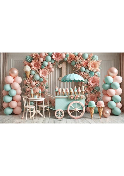 Pastel Renkli Dondurma Standı ve Balonlarla Süslenmiş Doğum Günü Temalı Stüdyo Arka Planı 200 x 150 cm