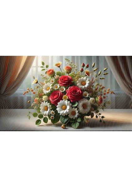 Göz Alıcı Çiçek Buketi ve Perde Detaylı 200 x 150 cm