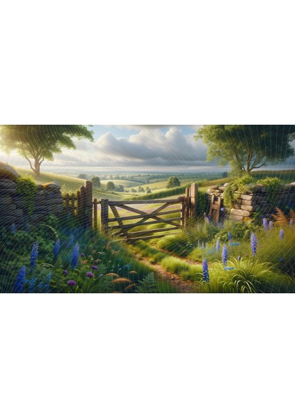 Doğal Kır Manzarası ve Ahşap Kapı Temalı 200 x 150 cm