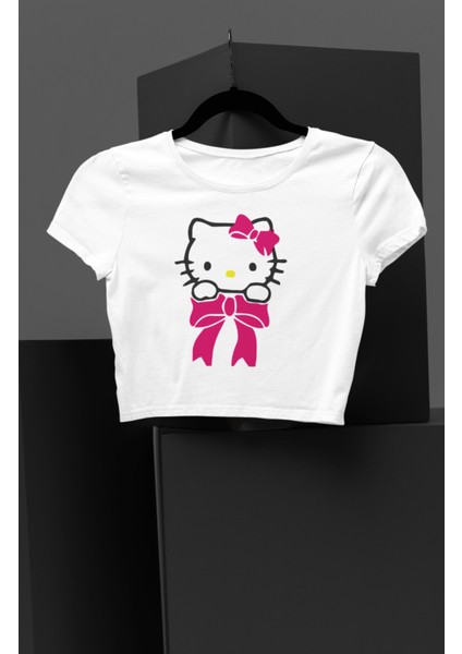 Fuddy Moda Kurdeleli Hello Kitty Baskılı Kız Çocuk Crop Top, Çizgi Film Baskılı Çocuk Crop Bluz