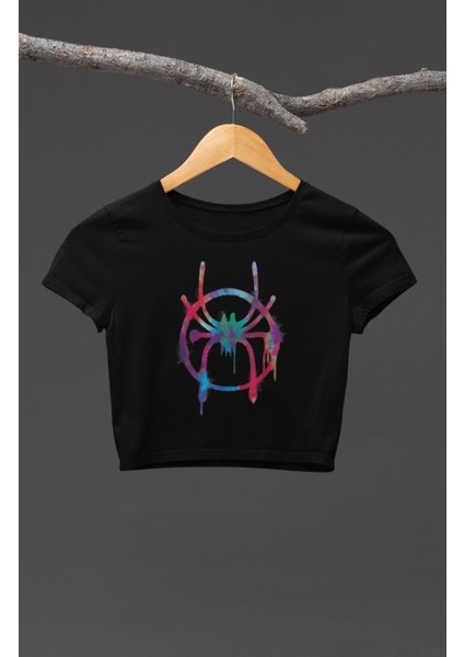 Renkli Örümcek Baskılı Kız Çocuk Crop Top, Spider Gwen Baskılı Çocuk Crop Bluz
