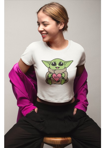 Xoxo Baby Yoda Baskılı Crop Top, Kadın Star Wars Baskılı Crop Bluz