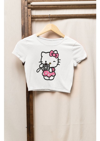 Fotografçı Hello Kitty Baskılı Kız Çocuk Crop Top, Çizgi Film Baskılı Çocuk Crop Bluz
