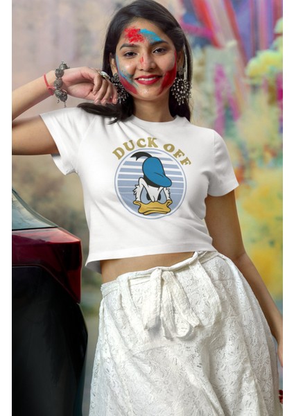 Donald Duck Baskılı Crop Top, Duck Off Baskılı Crop Bluz