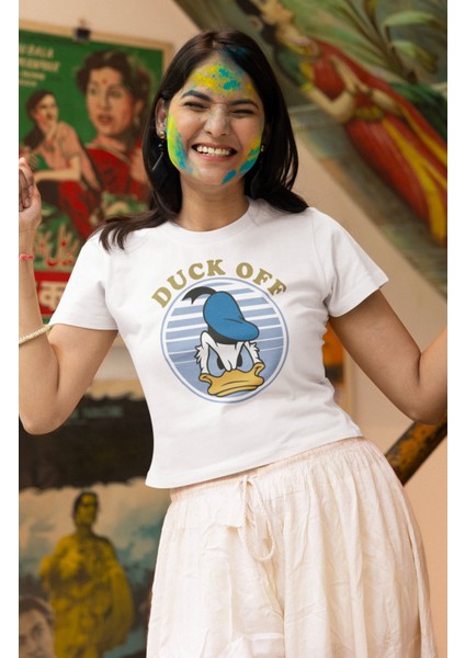 Donald Duck Baskılı Crop Top, Duck Off Baskılı Crop Bluz