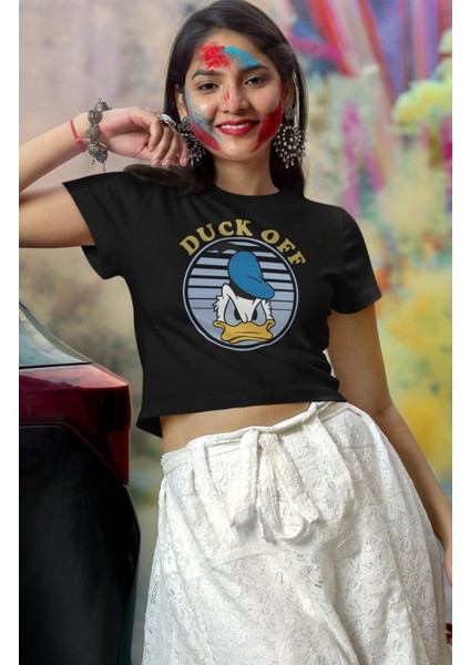 Donald Duck Baskılı Crop Top, Duck Off Baskılı Crop Bluz