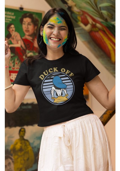 Donald Duck Baskılı Crop Top, Duck Off Baskılı Crop Bluz