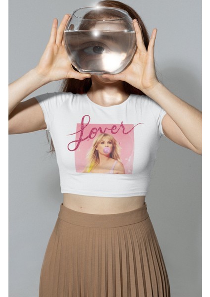 Lover Yazılı Crop Top, Taylor Swift Albüm Baskılı Crop Bluz