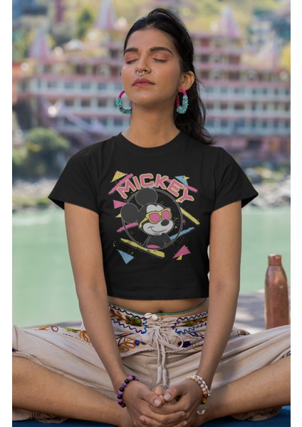 Renkli Mickey Yazılı Crop Top, Mickey Mouse Baskılı Crop Bluz