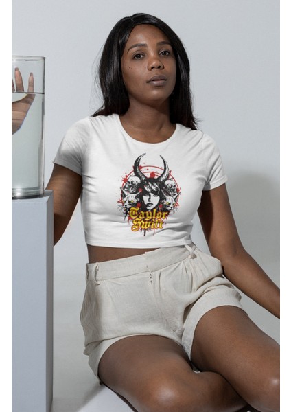 Horror Taylor Swift Yazılı Crop Top, Taylor S. Baskılı Crop Bluz