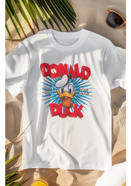 Unisex Number One Donald Duck Baskılı T-Shirt, Oversize Çizgi Film Baskılı Tişört