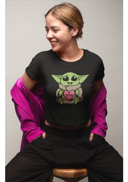 Xoxo Baby Yoda Baskılı Crop Top, Kadın Star Wars Baskılı Crop Bluz