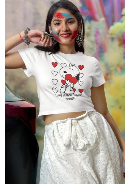 Fuddy Moda I Love When You're Here Yazılı Crop Top, Snopy Baskılı Crop Bluz