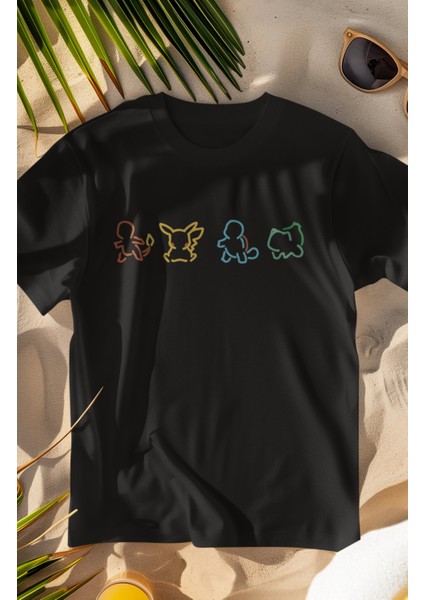 Unisex Minimal Pokemon Baskılı T-Shirt, Oversize Pokemon Baskılı Tişört