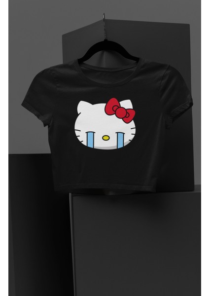 Fuddy Moda Ağlayan Hello Kitty Baskılı Kız Çocuk Crop Top, Çizgi Film Baskılı Çocuk Crop Bluz