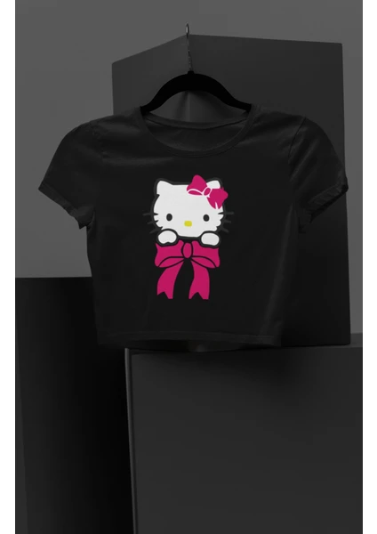 Fuddy Moda Kurdeleli Hello Kitty Baskılı Kız Çocuk Crop Top, Çizgi Film Baskılı Çocuk Crop Bluz