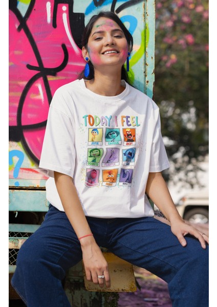 Unisex Inside Out Today I Feel Baskılı T-Shirt, Oversize Ters Yüz Baskılı Tişört