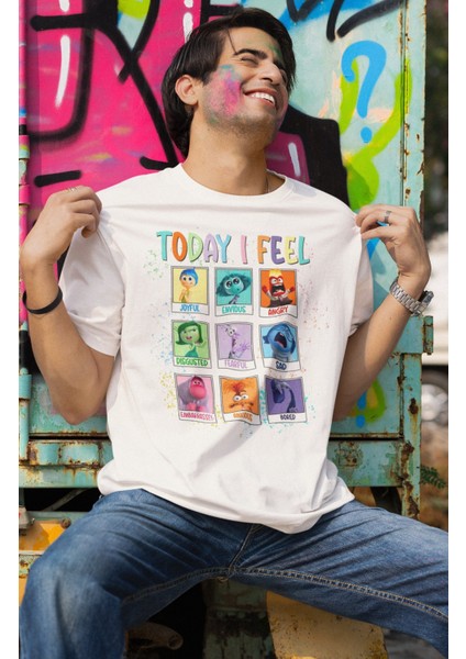 Fuddy Moda Unisex Inside Out Today I Feel Baskılı T-Shirt, Oversize Ters Yüz Baskılı Tişört