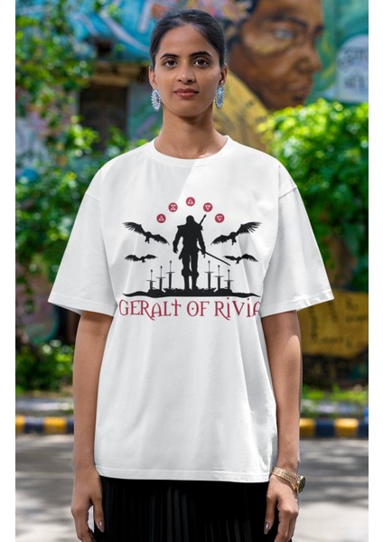 Unisex Geralt Of Rivia Baskılı T-Shirt, Oversize The Witcher Baskılı Tişört fırsatları