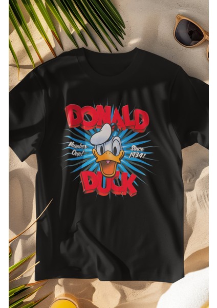 Unisex Number One Donald Duck Baskılı T-Shirt, Oversize Çizgi Film Baskılı Tişört