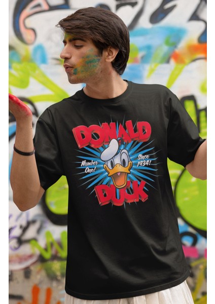 Unisex Number One Donald Duck Baskılı T-Shirt, Oversize Çizgi Film Baskılı Tişört fiyatları