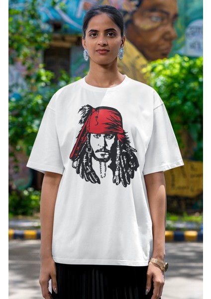 Unisex Captain Jack Sparrow Baskılı T-Shirt, Oversize Johnny Depp Baskılı Tişört