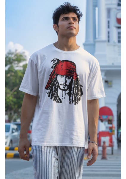 Unisex Captain Jack Sparrow Baskılı T-Shirt, Oversize Johnny Depp Baskılı Tişört fiyatları
