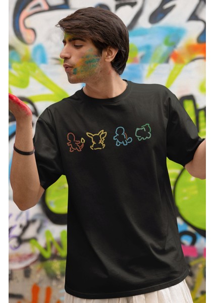 Unisex Minimal Pokemon Baskılı T-Shirt, Oversize Pokemon Baskılı Tişört fiyatları