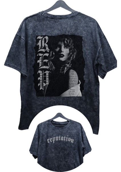 Oversize Reputation Sırt Baskılı Yıkamalı Tişört, Unisex Taylor Swift Baskılı Eskitme T-Shirt
