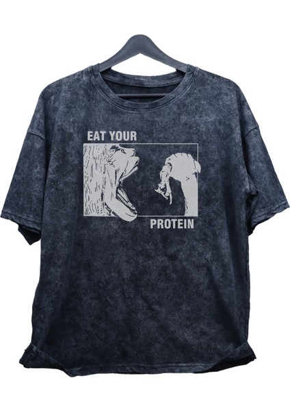 Unisex Eat Your Protein Yazılı Yıkamalı T-Shirt, Oversize Aot Anime Baskılı Retro Tişört