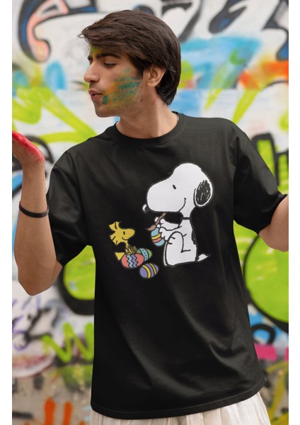 Unisex Snopy ve Kuşu Baskılı T-Shirt, Oversize Çizgi Film Baskılı Tişört fiyatları
