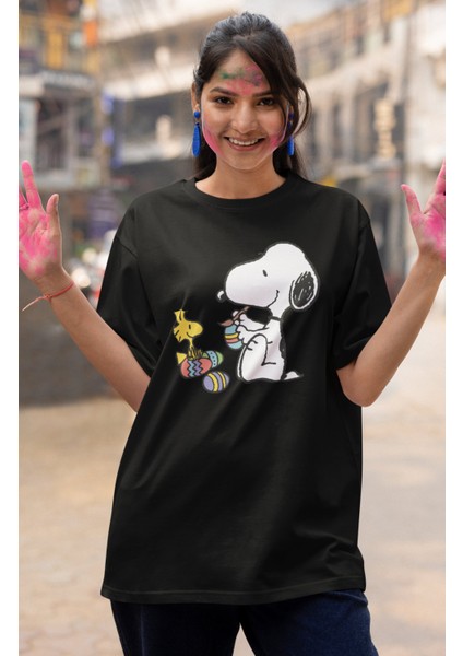 Unisex Snopy ve Kuşu Baskılı T-Shirt, Oversize Çizgi Film Baskılı Tişört modelleri