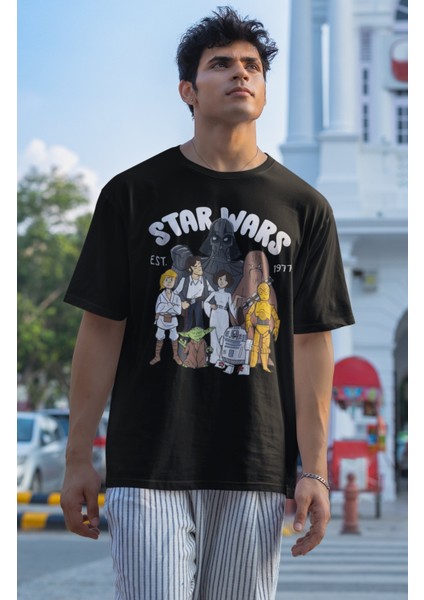 Unisex Star Wars Est 1977 Baskılı T-Shirt, Oversize Yıldız Savaşları Baskılı Tişört