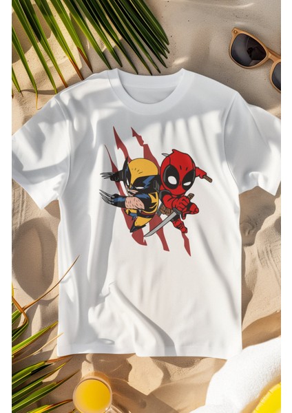 Unisex Mini Deadpool ve Wolverine Baskılı T-Shirt, Oversize Film Baskılı Tişört